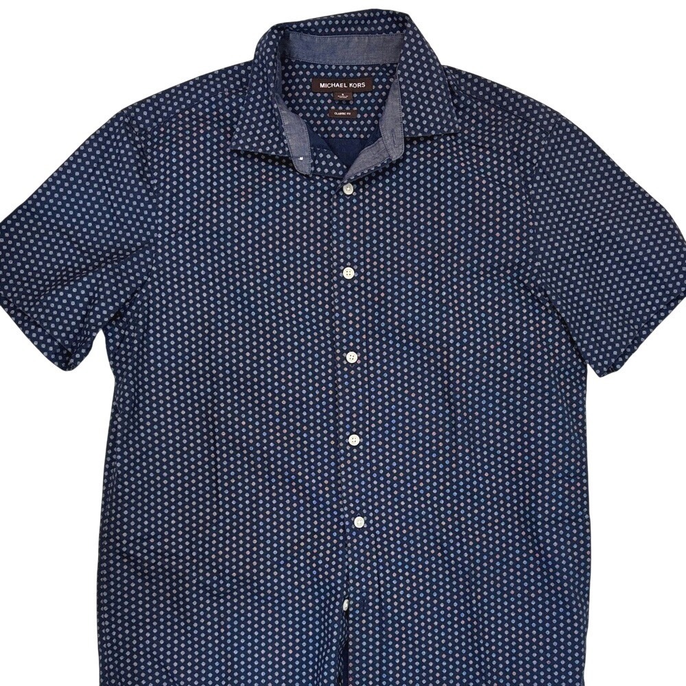 Michael Kors Men's Navy Short-Sleeve Dot-Print Shirt S Like New